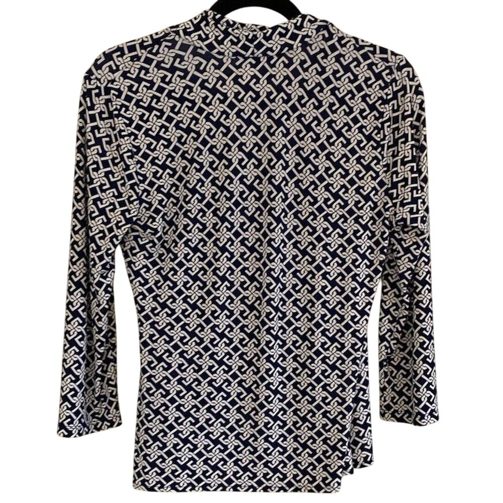 Talbots Faux Wrap 3/4 Sleeve Navy Chain Shirt Print Small Stretch Minimalist - Picture 3 of 12
